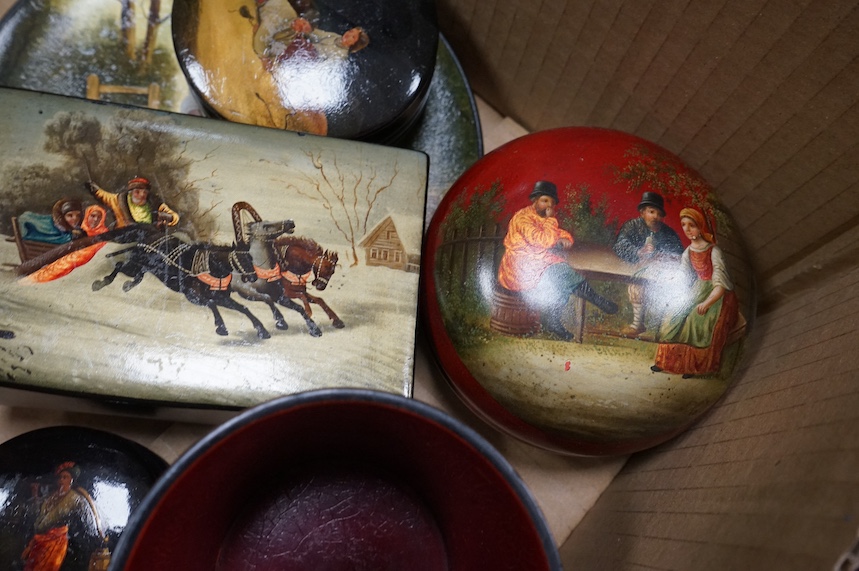 A quantity of late 19th / early 20th century Russian lacquer boxes, a dish and small vase. Condition - appears good